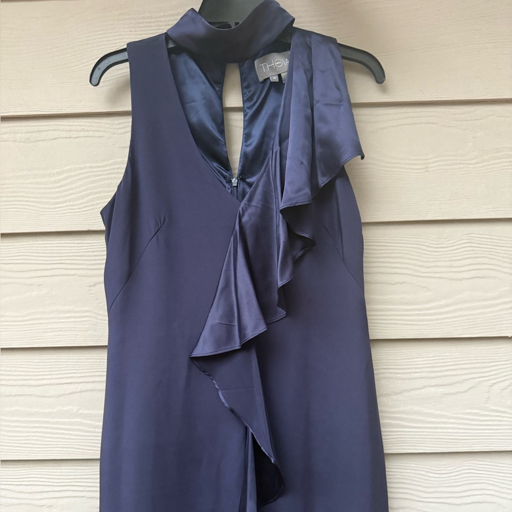 Theia sleeveless high neck navy blue dress with ruffles - Picture 2 of 10